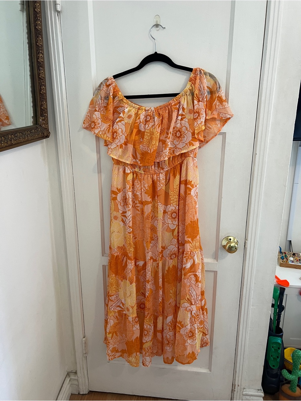 Pink Blush Maternity Orange Floral Off-Shoulder Midi Dress